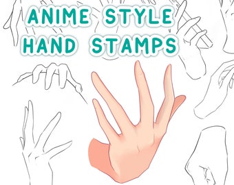 May include: A set of hand stamps in an anime style. The stamps are in black and white line art and color. The text "Anime Style Hand Stamps" is at the top of the image.