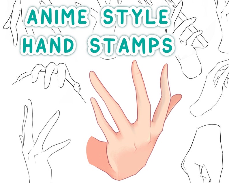 May include: A set of hand stamps in an anime style. The stamps are in black and white line art and color. The text "Anime Style Hand Stamps" is at the top of the image.