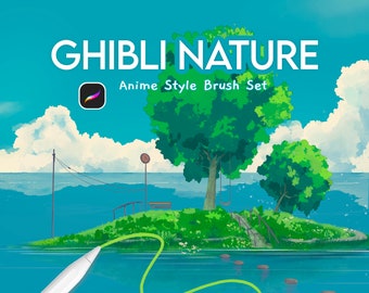 Ghibli Natur Anime Pinsel Set - Hintergrund Baum Wolke Pinsel Stempel Pack iPad, Digitale Zeichnung Procreate Pinsel, Skizzen- und Färbepinsel