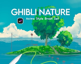 Ghibli Natur Anime Pinsel Set - Hintergrund Baum Wolke Pinsel Stempel Pack iPad, Digitale Zeichnung Procreate Pinsel, Skizzen- und Färbepinsel