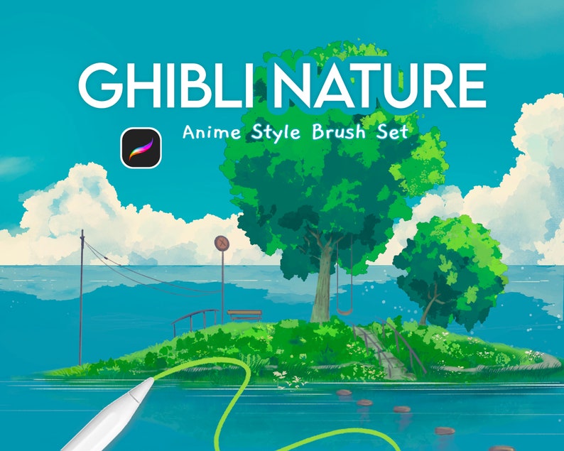 May include: A digital illustration of a green island with a swing set, a bench, and a small wooden bridge. The island is surrounded by blue water and a green grassy shore. The sky is blue with white clouds. The text "GHIBLI NATURE Anime Style Brush Set" is at the top of the image.