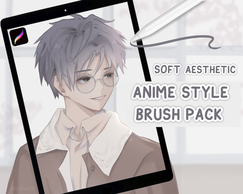 May include: A digital illustration of a young man with grey hair and glasses, wearing a brown jacket. The image is on a tablet screen with the text "SOFT AESTHETIC ANIME STYLE BRUSH PACK" on the right side.