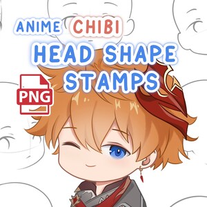 May include: A digital illustration of a chibi anime character with orange hair, a red headband, and blue eyes. The character is winking and smiling. The image also includes the text "Anime Chibi Head Shape Stamps PNG".