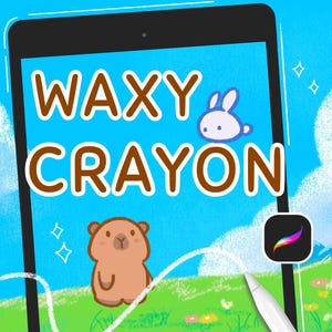 以下が含まれることがあります： 「WAXY CRAYON」の文字が茶色で描かれたタブレット画面のデジタルイラスト。漫画のウサギと茶色のカピバラも描かれています。背景には青い空、緑の草、花が描かれています。スタイラスペンが見えます。