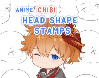 May include: Anime chibi head shape stamps. The image shows a cartoon character with orange hair and a red headband. The character is winking and smiling. The text "Anime Chibi Head Shape Stamps" is written in blue and white letters.