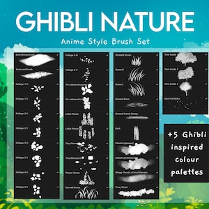May include: A set of 20 black and white digital brushes inspired by Studio Ghibli anime. The brushes are for creating foliage, grass, trees, clouds, and other nature elements. The image also includes text that says "Ghibli Nature Anime Style Brush Set" and "+5 Ghibli inspired colour palettes".