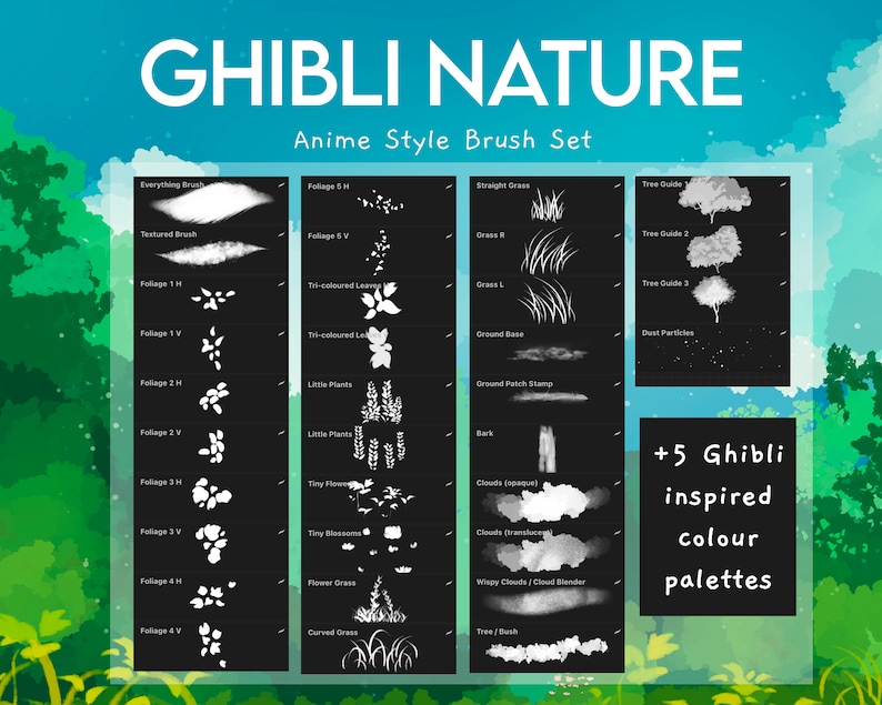 May include: A set of 20 black and white digital brushes inspired by Studio Ghibli anime. The brushes are for creating foliage, grass, trees, clouds, and other nature elements. The image also includes text that says "Ghibli Nature Anime Style Brush Set" and "+5 Ghibli inspired colour palettes".