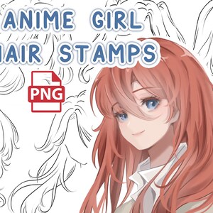 Conjunto de carimbos PNG de cabelo de menina estilo anime suave - Pacote de pincéis de lineart de cabelo para iPad, pacote de pincéis de desenho digital suave, pincéis de carimbo do Photoshop