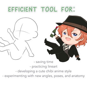 Puede incluir: Un dibujo de l&iacute;nea de un personaje chibi en una pose sentada, con un contorno de figura de palo de la misma pose. El texto "EFFICIENT TOOL FOR:" est&aacute; encima de la imagen. Debajo de la imagen hay una lista de vi&ntilde;etas: "saving time", "practicing lineart", "developing a cute chibi anime style", y "experimenting with new angles, poses, and anatomy".