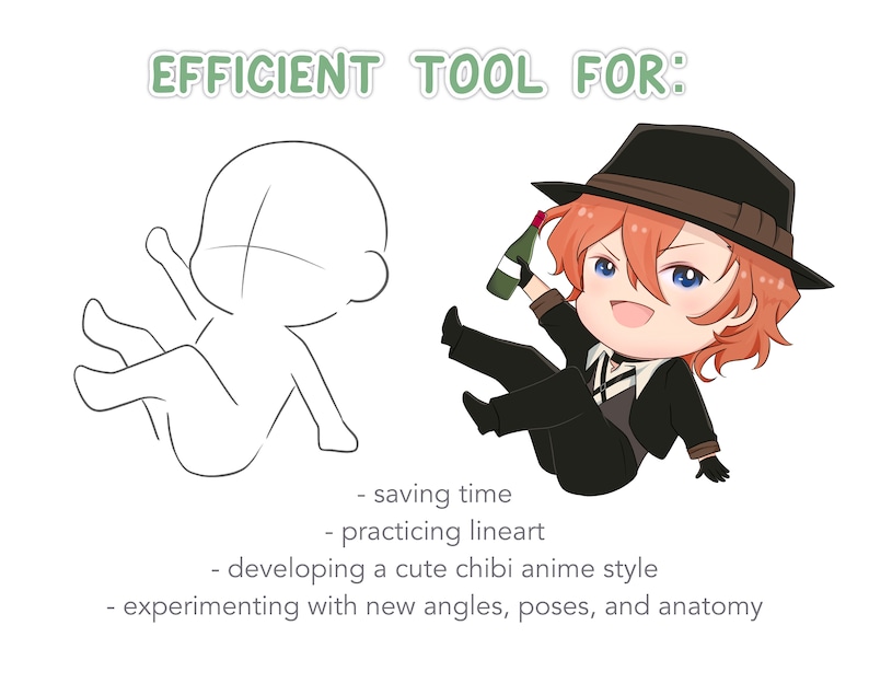 Puede incluir: Un dibujo de l&iacute;nea de un personaje chibi en una pose sentada, con un contorno de figura de palo de la misma pose. El texto "EFFICIENT TOOL FOR:" est&aacute; encima de la imagen. Debajo de la imagen hay una lista de vi&ntilde;etas: "saving time", "practicing lineart", "developing a cute chibi anime style", y "experimenting with new angles, poses, and anatomy".