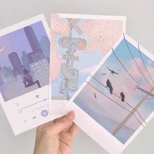 Impresiones de postales estéticas japonesas en tonos pastel: impresiones de anime, impresiones de arte minimalista