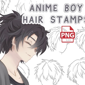 Könnte beinhalten: Ein Satz Anime-Jungen-Haar-Stempel in Schwarzweiß-Linienkunst. Die Stempel sind PNG-Dateien und können für digitale Kunst und Kunsthandwerk verwendet werden.