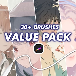 May include: A digital illustration of three anime-style characters with the text "30+ BRUSHES VALUE PACK" and the Procreate app logo.