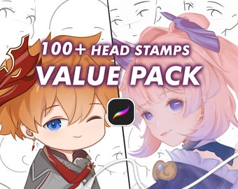 May include: A digital illustration of two anime characters, one with red hair and the other with pink hair, with the text "100+ HEAD STAMPS VALUE PACK" in the center of the image.