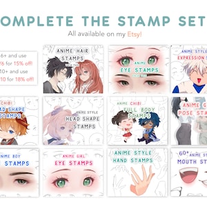 May include: A collage of digital stamp sets for anime art, featuring various body parts, expressions, and poses. The sets include hair, eyes, head shapes, full bodies, poses, hands, and mouths. The text on the image reads "Complete the Stamp Sets! All available on my Etsy!"