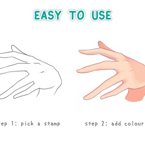May include: A line drawing of a hand with the text "step 1: pick a stamp" below it. On the right side of the image is a colored drawing of a hand with the text "step 2: add colour!" below it.