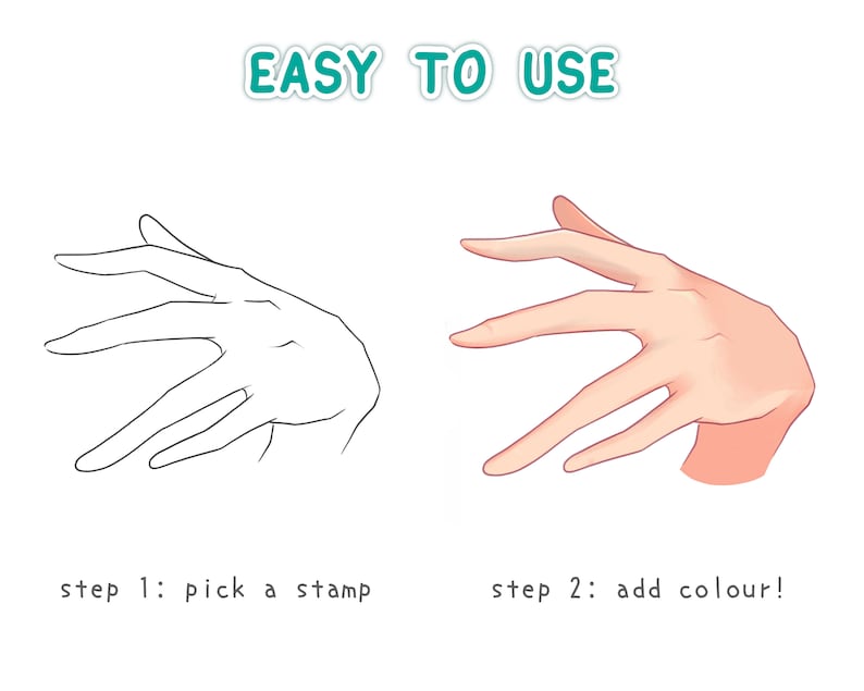 May include: A line drawing of a hand with the text "step 1: pick a stamp" below it. On the right side of the image is a colored drawing of a hand with the text "step 2: add colour!" below it.