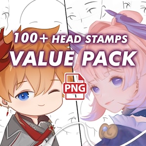 Conjunto de pincéis de carimbo de cabeça estilo anime PNG - Pacote de pincéis de carimbo de guia de cabeça para iPad, pincéis de carimbo de rosto Chibi, pincéis de carimbo macios Clip Studio Ibis