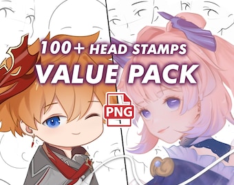 Anime Style Head Stamp PNG Brush Set - Head Guide Stamp Brush Pack iPad, Face Chibi Stamps Brush, Clip Studio Ibis Soft Stamp Brushes