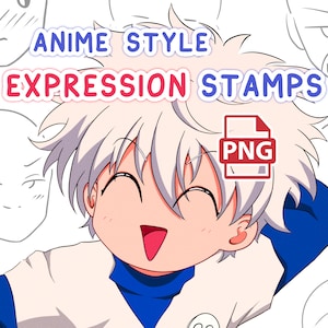 Peut inclure: Timbres d'expression de style anime avec un personnage aux cheveux blancs portant une chemise bleue et un col blanc souriant les yeux fermés. Le texte "ANIME STYLE EXPRESSION STAMPS" est en haut de l'image. Le texte "PNG" est dans un rectangle rouge en haut à droite de l'image.