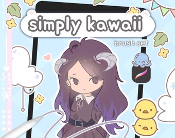 Simply Kawaii Anime Brush Set - Lindo Lineart y Color Brush Pack iPad, Pinceles Procreate de dibujo digital, Pinceles para colorear bocetos de personajes