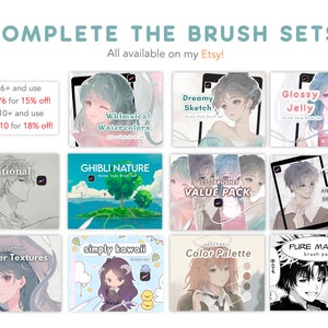 May include: A collage of digital art brush sets for use in drawing anime style characters. The brush sets include themes such as whimsical watercolors, dreamy sketch, glossy jelly, true traditional, Ghibli nature, value pack, soft aesthetic anime style, aesthetic paper textures, simply kawaii, aesthetic color palette, and pure manga.