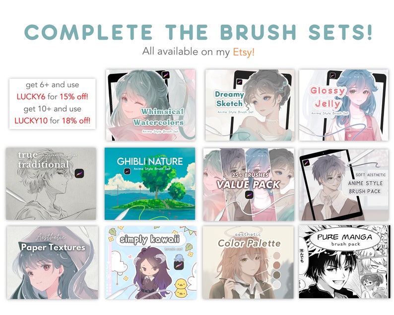 May include: A collage of digital art brush sets for use in drawing anime style characters. The brush sets include themes such as whimsical watercolors, dreamy sketch, glossy jelly, true traditional, Ghibli nature, value pack, soft aesthetic anime style, aesthetic paper textures, simply kawaii, aesthetic color palette, and pure manga.