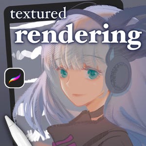 以下が含まれることがあります： ターコイズ色の目とヘッドフォンを持つ、様式化されたアニメキャラクターをフィーチャーしたデジタルアートイラスト。画像には「textured rendering」というテキストとProcreateアプリのロゴが含まれています。白いスタイラスが前景に見えます。