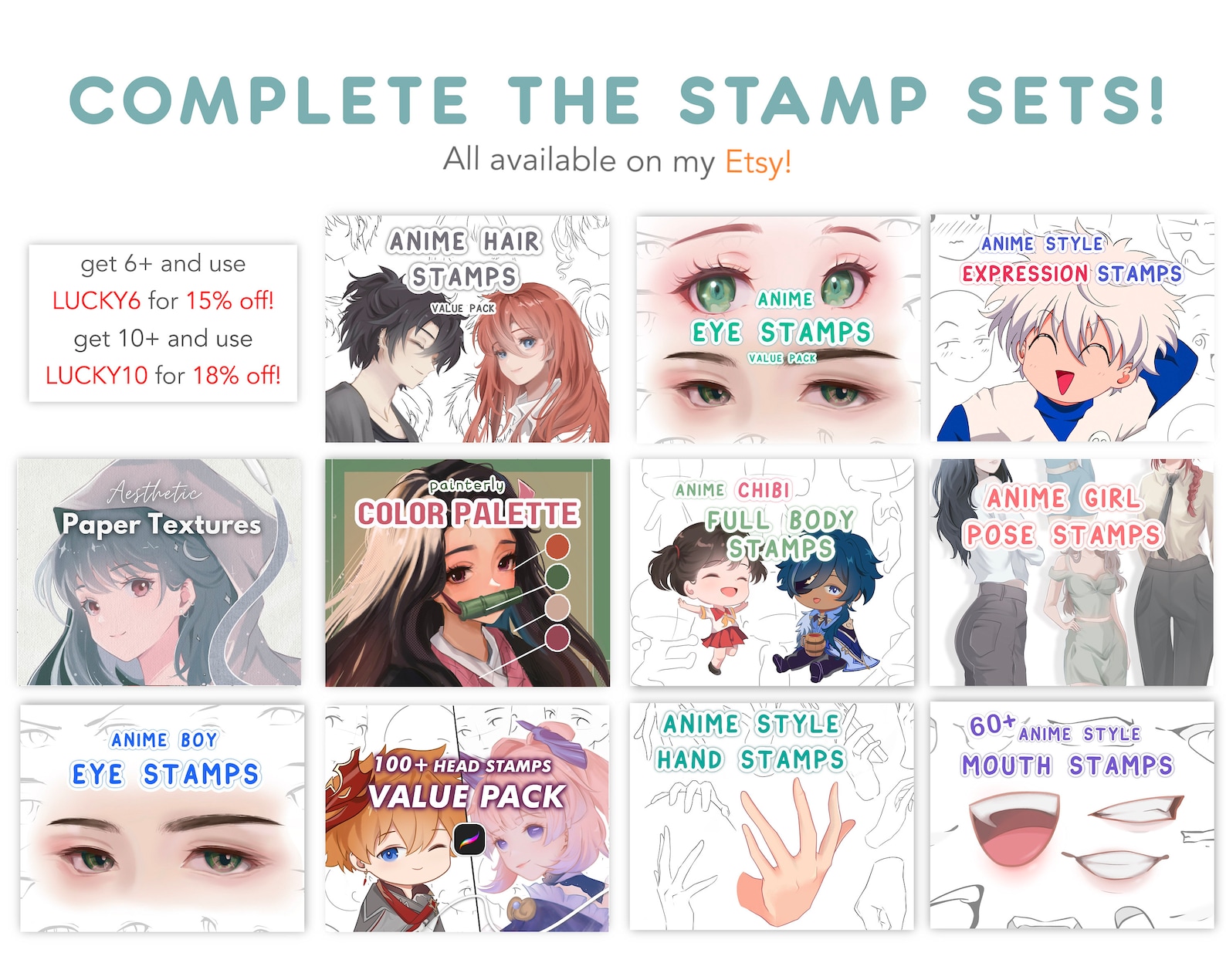 Manga Webtoon Style Head Stamp Procreate Brush Set - Head Guide Stamp ...