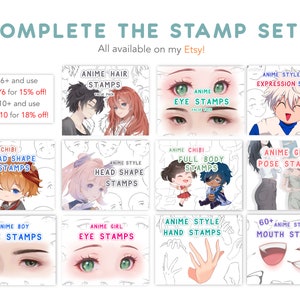 May include: A collage of digital stamp sets for anime art, featuring various body parts, expressions, and poses. The sets include hair, eyes, head shapes, full bodies, poses, hands, and mouths. The text on the image reads "Complete the Stamp Sets! All available on my Etsy!"