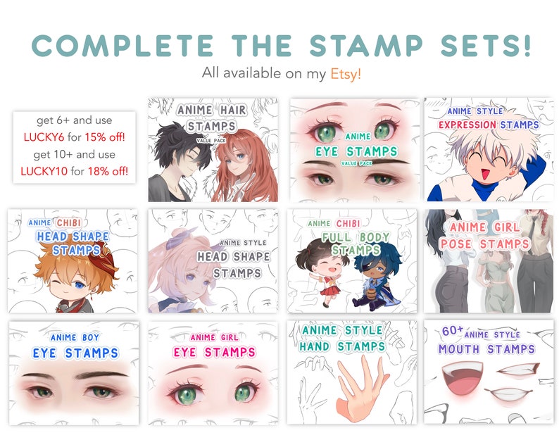 May include: A collage of digital stamp sets for anime art, featuring various body parts, expressions, and poses. The sets include hair, eyes, head shapes, full bodies, poses, hands, and mouths. The text on the image reads "Complete the Stamp Sets! All available on my Etsy!"
