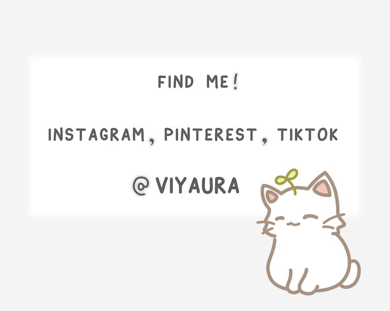 Puede incluir: Encu&eacute;ntrame! Instagram, Pinterest, TikTok @viyaura. Un gato de dibujos animados blanco con una planta verde en la cabeza est&aacute; sentado sobre un fondo blanco.