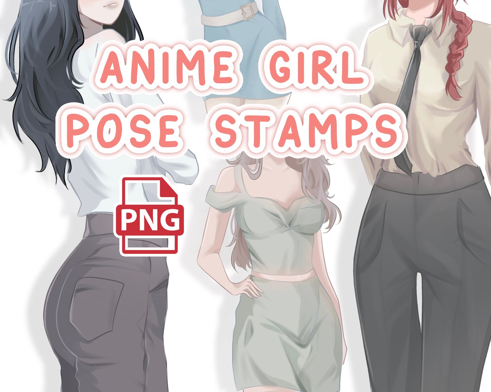 Anime Style Girl Body Pose Stamp PNG Brush Set - Poses Guide Stamps ...