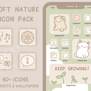 Soft Aesthetic Nature App Icon Set for iOS/iPad/Android | Cute Clean Cozy Hand-Drawn Neutral Theme Widgets, Wallpaper, App Icons
