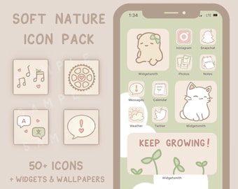 Soft Aesthetic Nature App Icon Set for iOS/iPad/Android | Cute Clean Cozy Hand-Drawn Neutral Theme Widgets, Wallpaper, App Icons