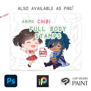 Puede incluir: Sellos de cuerpo completo de anime chibi para arte digital. Los sellos presentan dos personajes, uno con cabello casta&ntilde;o y falda roja, y el otro con cabello azul y un atuendo azul y blanco. Los sellos est&aacute;n disponibles en formato PNG.