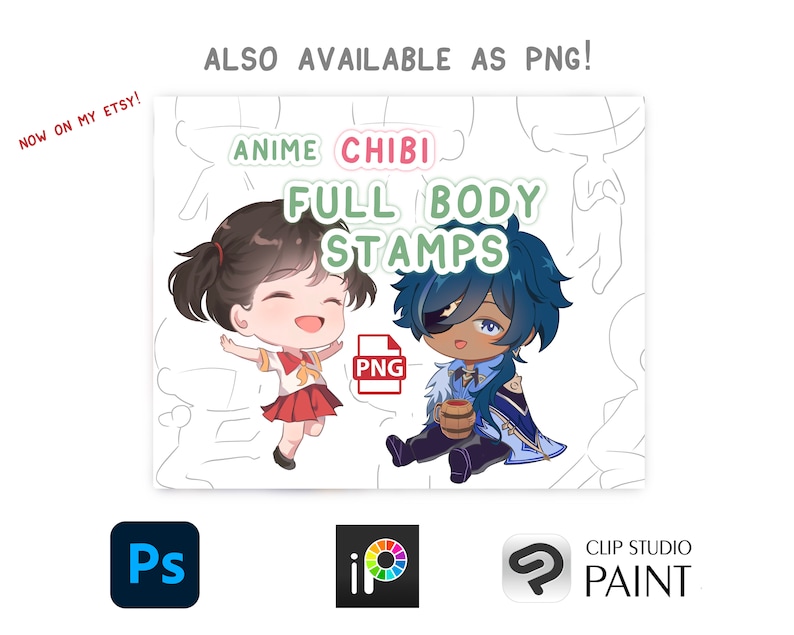 Puede incluir: Sellos de cuerpo completo de anime chibi para arte digital. Los sellos presentan dos personajes, uno con cabello casta&ntilde;o y falda roja, y el otro con cabello azul y un atuendo azul y blanco. Los sellos est&aacute;n disponibles en formato PNG.