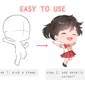 Puede incluir: Un dibujo de l&iacute;nea simple de un personaje chibi con una flecha roja que apunta a una versi&oacute;n completamente coloreada del personaje. El texto "EASY TO USE" est&aacute; en la parte superior de la imagen. El texto "step 1: pick a stamp" est&aacute; debajo del dibujo de l&iacute;nea y el texto "step 2: add details and colour!" est&aacute; debajo del personaje coloreado.