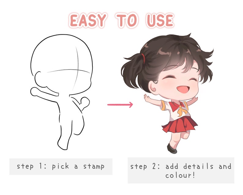 Puede incluir: Un dibujo de l&iacute;nea simple de un personaje chibi con una flecha roja que apunta a una versi&oacute;n completamente coloreada del personaje. El texto "EASY TO USE" est&aacute; en la parte superior de la imagen. El texto "step 1: pick a stamp" est&aacute; debajo del dibujo de l&iacute;nea y el texto "step 2: add details and colour!" est&aacute; debajo del personaje coloreado.