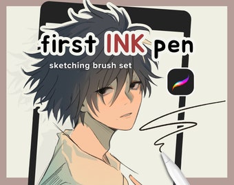 First Ink Pen Anime Brush Set - Lineart and Color Brush Pack iPad, Digital Drawing Procreate Brushes, Character Sketch and Coloring Brushes