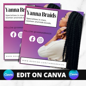 Hair Braider Stylist Extensions Wig Flyer Editable on Canva Purple Social Media Instagram Facebook Booking site