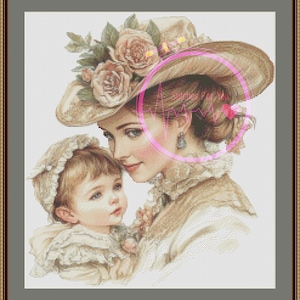 Vintage moeder en baby - getelde kruissteekpatronen - afdrukbare grafiek pdf-formaat handwerken borduren ambachten DIY DMC kleur