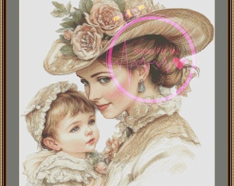 Vintage Mom and Baby- Counted Cross Stitch Patterns - Printable Chart PDF Format Needlework Embroidery Crafts DIY DMC color