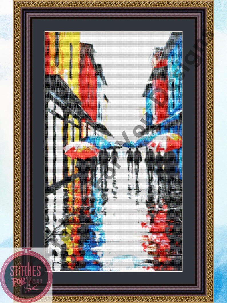 Rainy City Street Cross Stitch Pattern – Colorful Umbrellas (PDF ...