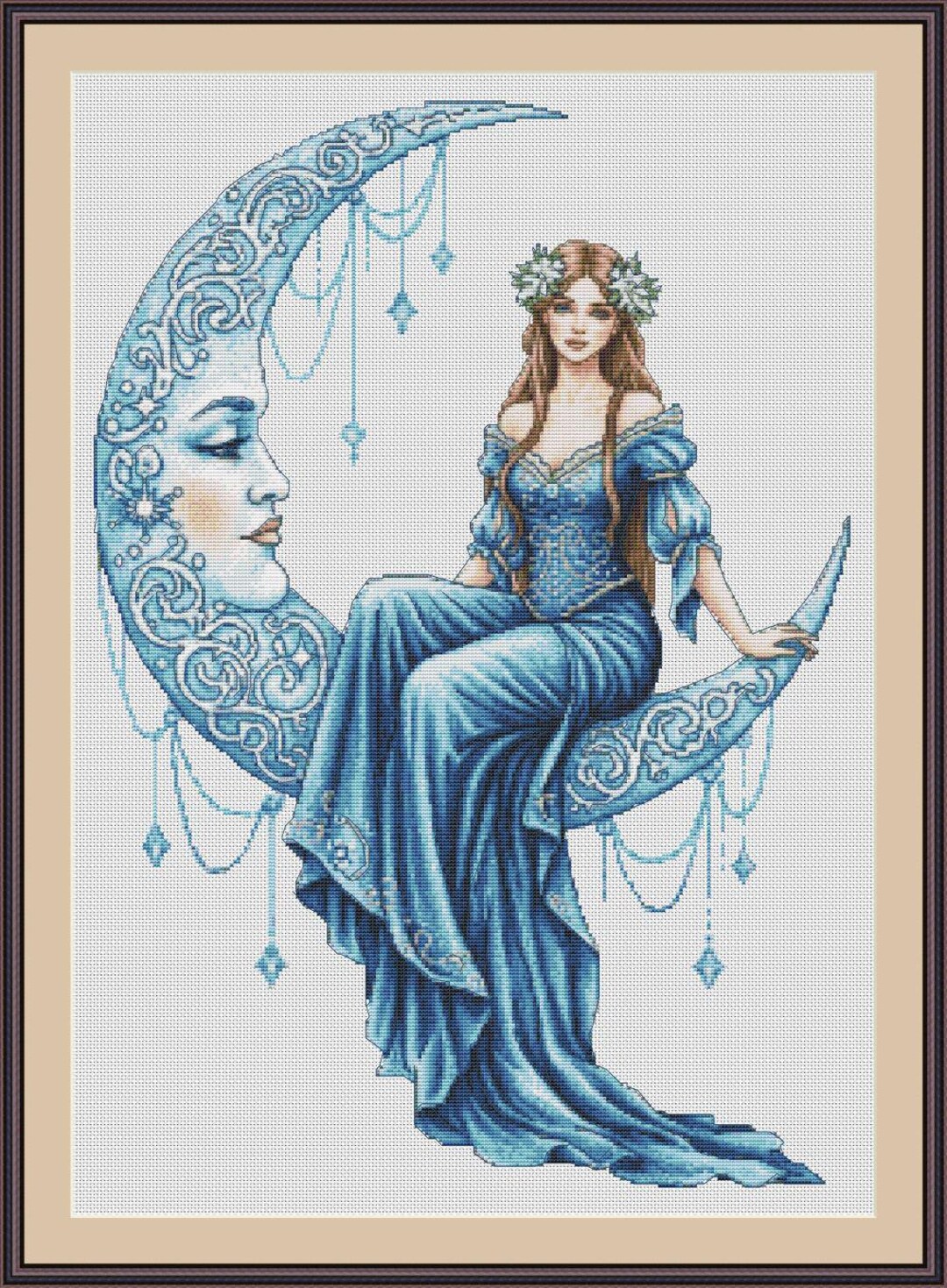 Goddess on Crescent Moon Cross Stitch Pattern – Fantasy Needlework (PDF ...