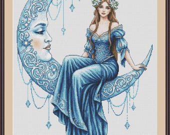 Goddess of the Crescent Moon - Counted Cross Stitch Patterns - Printable Chart PDF Format Needlework Embroidery Crafts DIY DMC color