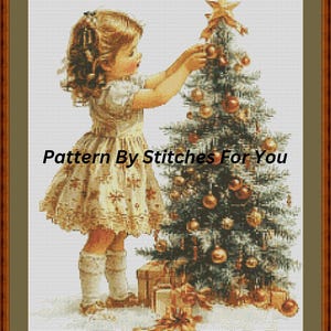 Klein meisje met kerst - Getelde kruissteekpatronen - Afdrukbare tabel in pdf-formaat Handwerken Borduren Knutselen DIY DMC-kleur