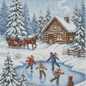 May include: A winter scene showing a log cabin, horse-drawn sleigh, and children ice skating on a frozen pond. Snow-covered evergreen trees surround the scene, with a wisp of smoke rising from the cabin's chimney. The image captures a sense of winter fun and festive atmosphere.