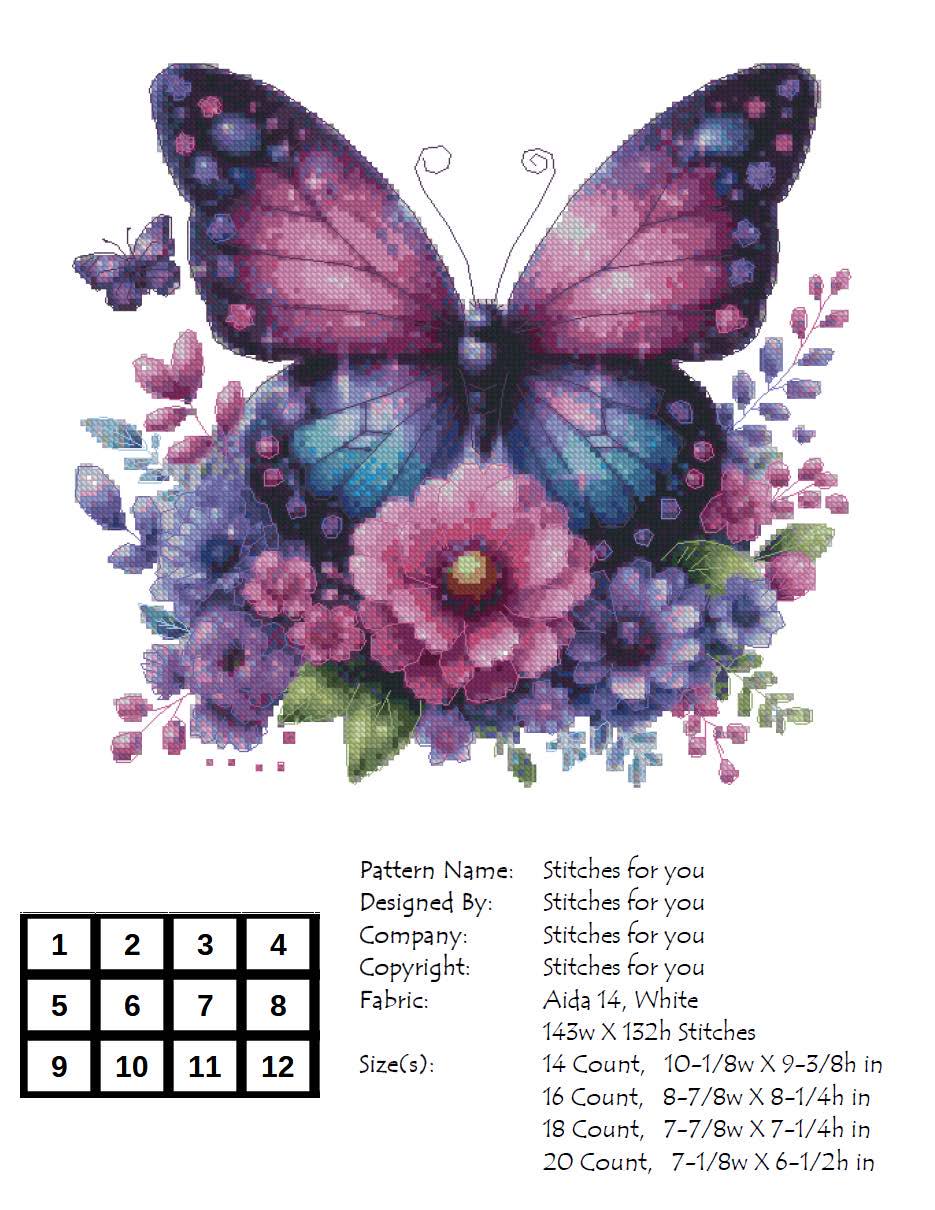 Purple Butterfly Counted Cross Stitch Pattern – Floral Embroidery (PDF ...