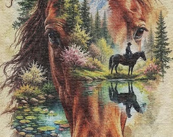 Caballo Espíritu Salvaje - Diseño de Bordado de Paisaje Natural - Patrón PDF de Escena del Salvaje Oeste y Bosque -